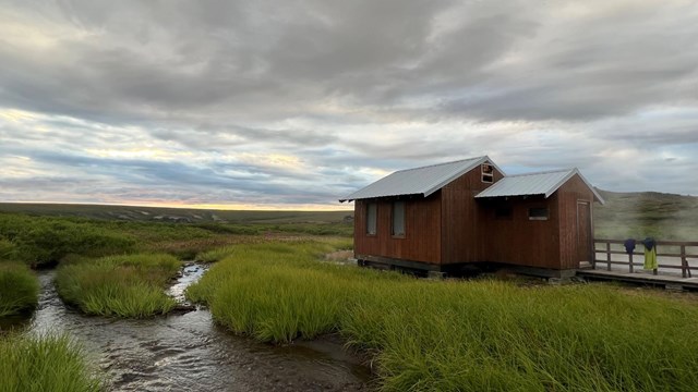 A red bathhouse peaks out among lush grasses and water. 