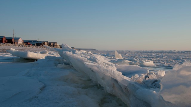 Sea ice piles up on the shore in Nome, Alaska.