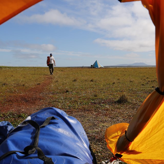 A view of the tundra from an opening in an orange and yellow tent. 