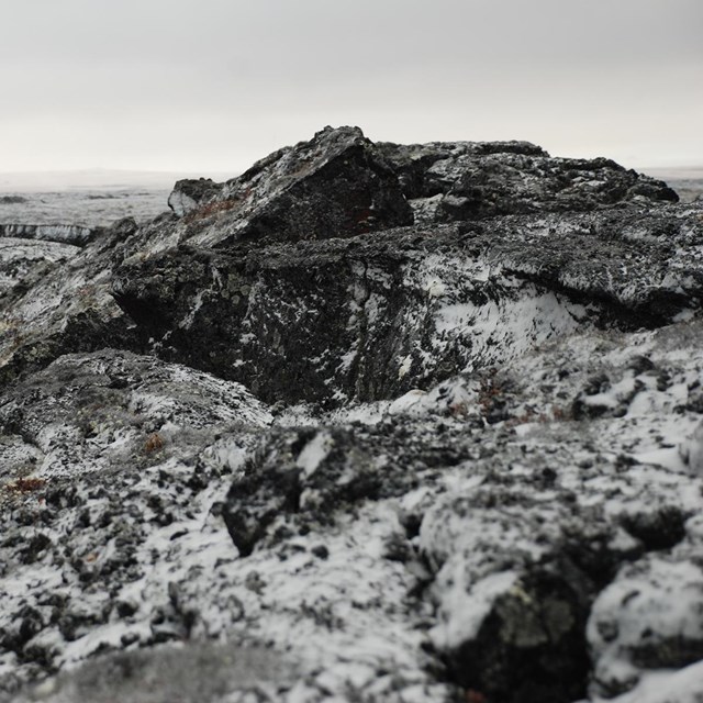 Sharp jagged lava rocks emerging from the ground.
