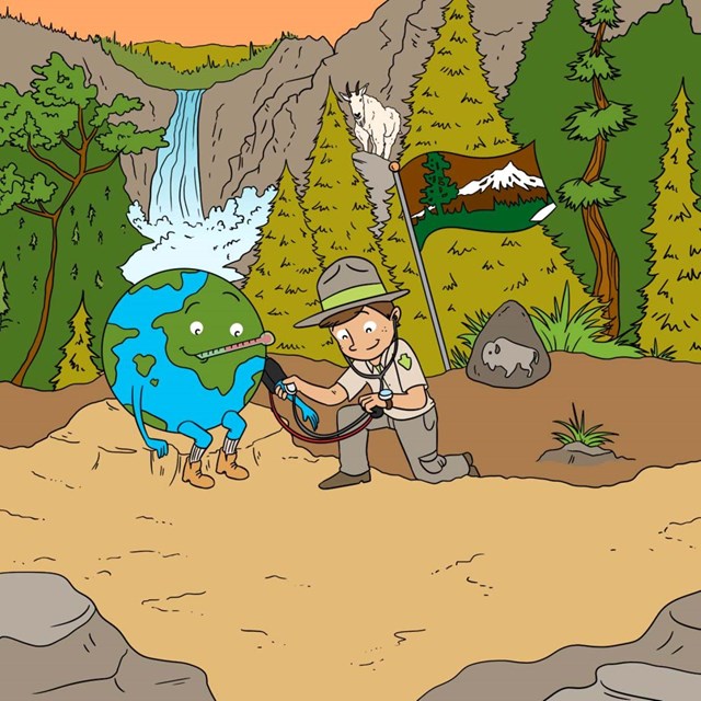 A cartoon of a ranger taking the pulse of the Earth.