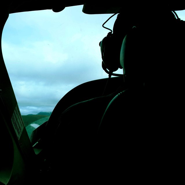 From the back seat of a small aircraft we look out the window onto the rolling tundra. 