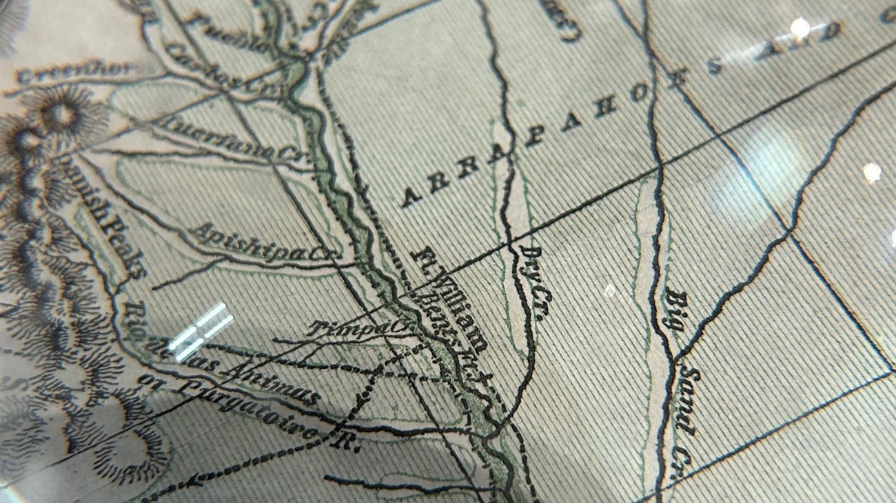 Detail of a historic map showing Bent's Fort and the Santa Fe Trail. 