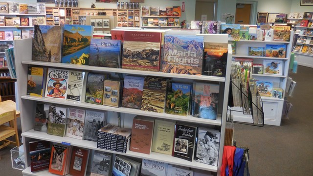View of the many books for sale in the Panther Junction Visitor Center.