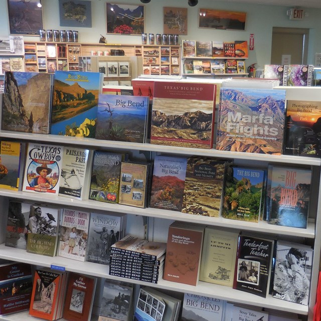 View of the many books for sale in the Panther Junction Visitor Center.