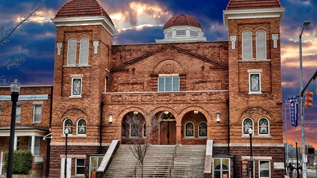 16th St. Baptist Church with a sunset in the background.