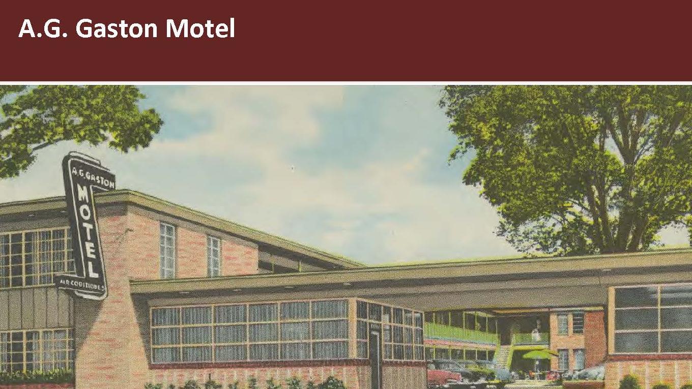 Historic Furnishings Report over a vintage post card of the AG Gaston Motel.