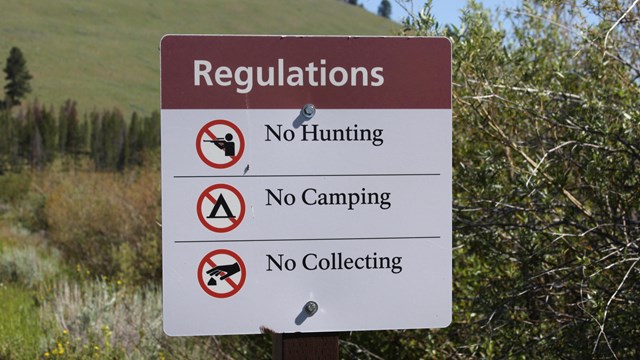 Photo of regulations signage at a trailhead that reads no hunting, no camping, no collecting.