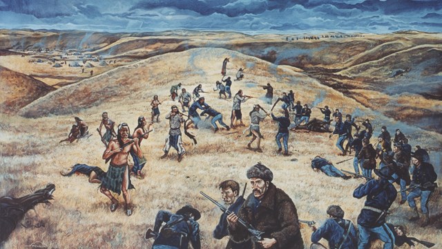 Painting depicting soldiers and Nez Perce warriors during battle.