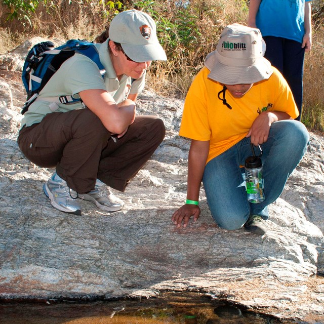 An adult and youth kneel next to water