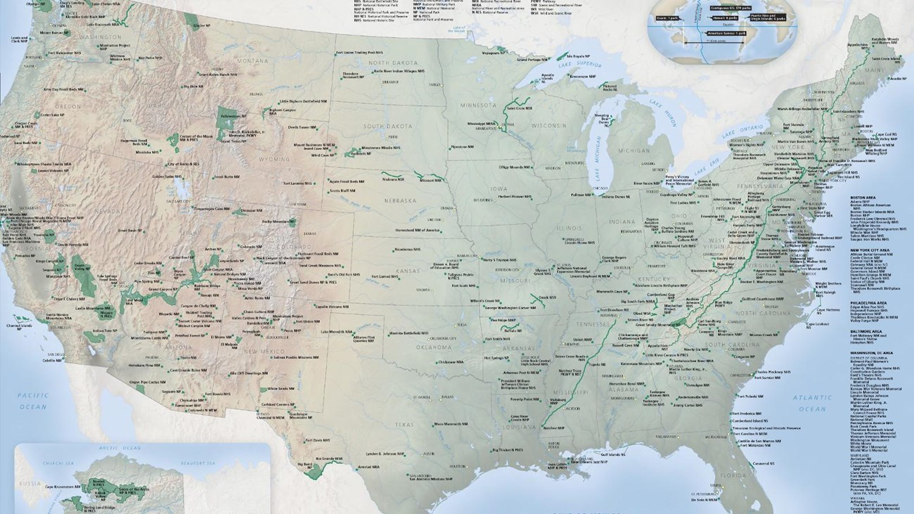 Map of United States showing National Park System units