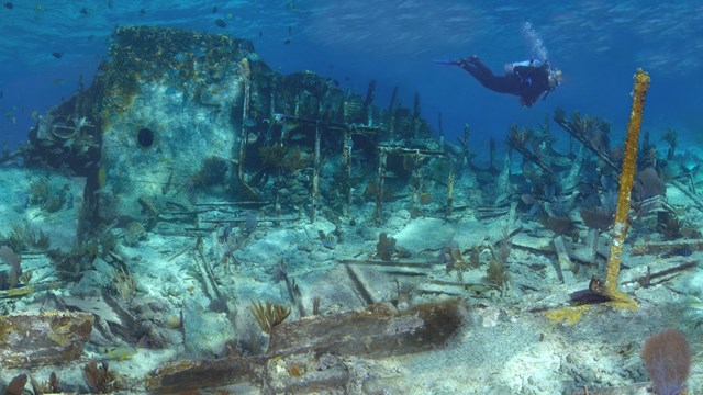 A mosaic image of a scuba diver at a shipwreck