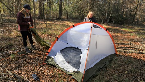 two people setting up a tent in the woods