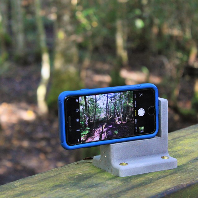 close up view of a mobile phone, with blue case, in camera mode on a photo bracket