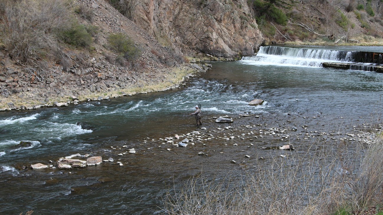 A man holding a net and fishing gear stands in a shallow section of a river in a canyon.