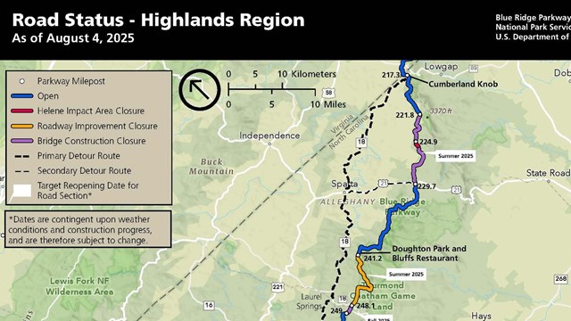 Map of planned closures, detours and estimated reopening dates for Highlands Region of NC