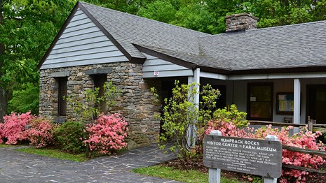 Humpback Rocks Visitor Center, a small, classic national park style building, with azaleas blooming.
