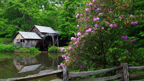Old-fashioned mill with reflection in water.
