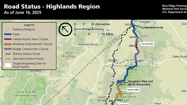 Map of planned closures, detours and estimated reopening dates for Highlands Region of NC