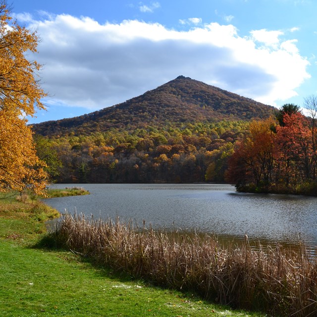 A pointed, cone-shaped mountain rises above a calm lake in autumn