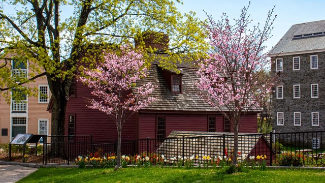 Brown House with yellow and stone mill in background with trees and flowers in bloom