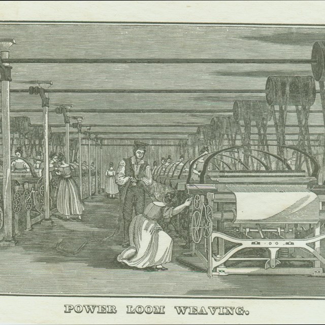 Wood cut of women operating power looms in mill