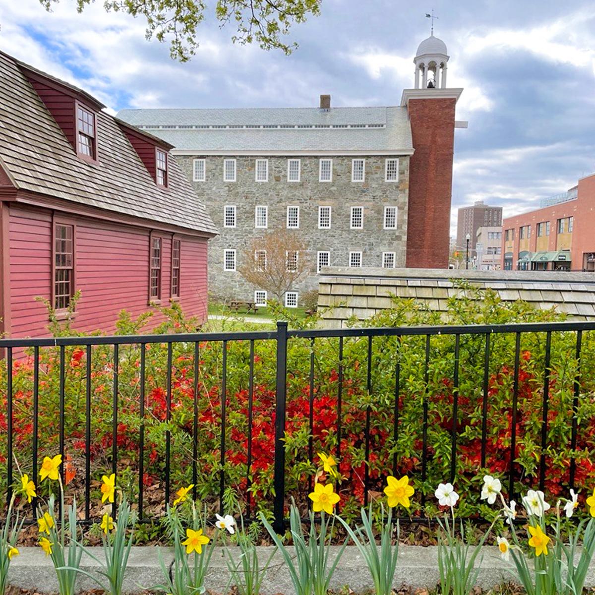 Spring day with flowers surrounding the Brown house and Wilkinson Mill
