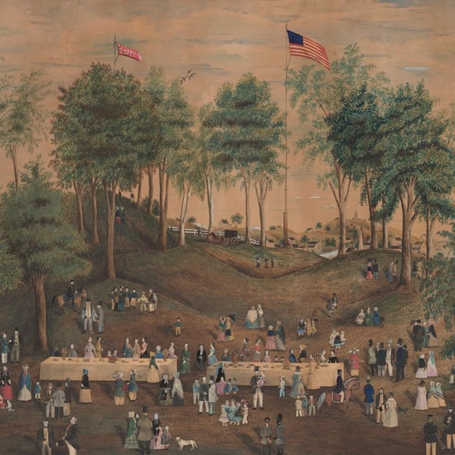 Painting of a gathering of people around a large table with trees in the background and US flag