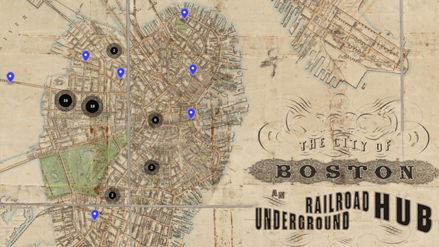 Digital map pins overlaid on an old map titled The City of Boston an Underground Railroad Hub