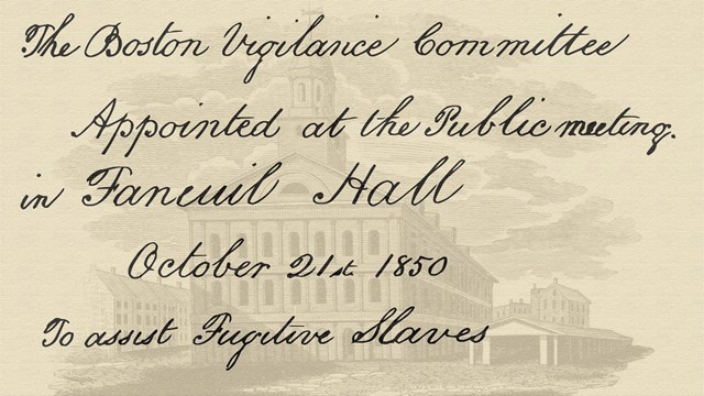 Title page text of the Boston Vigilance Committee Account Book with a faint Faneuil Hall engraving.