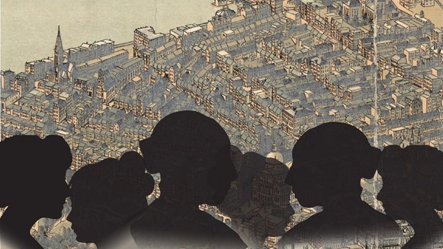 Silhouettes against a bird's eye map of 19th century city buildings 