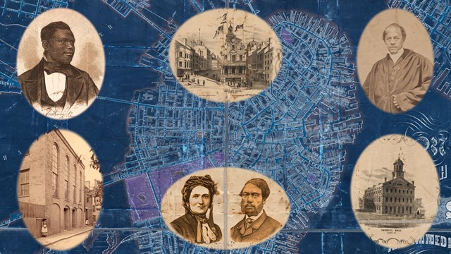 Map with cameo images in sepia tone of individuals and buildings