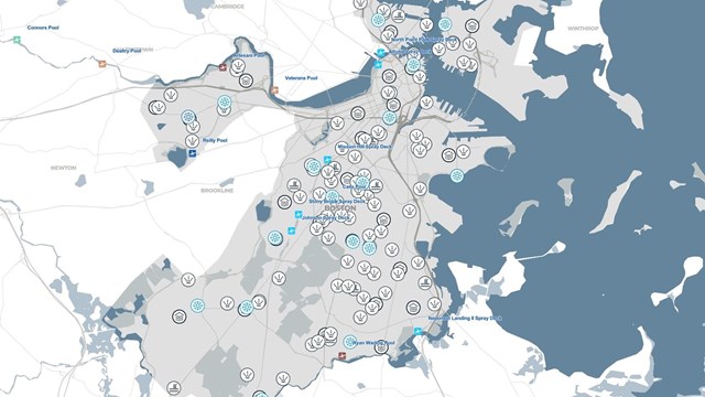 Map of Boston with identified cooling centers throughout the city and neighborhoods