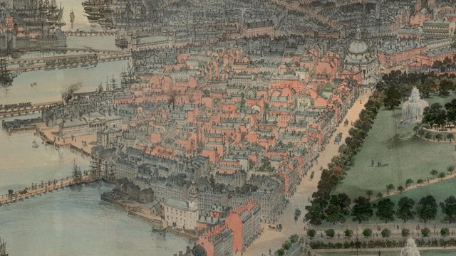 1850 color aerial map of the neighborhood of Beacon Hill. 