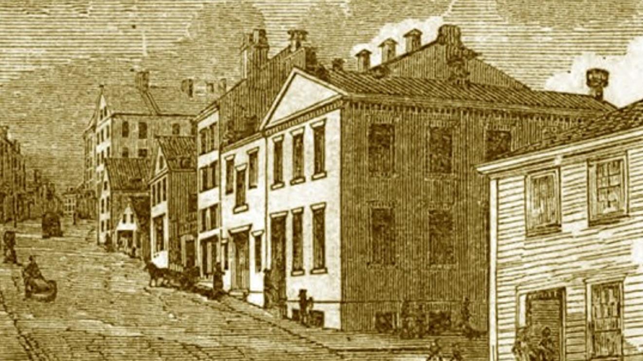 sketch of Belknap (Joy street) looking up the hill at the Abiel Smith School on the corner.