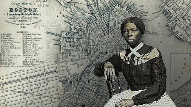 Portrait of Harriet Tubman overlaid on a historical map of Boston. 