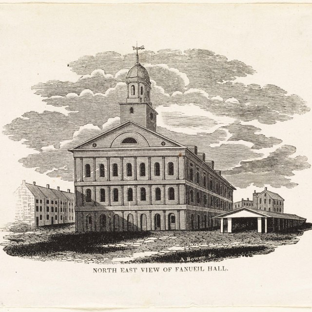 Printed sketch of Faneuil Hall, a rectangular building with a steeple. 
