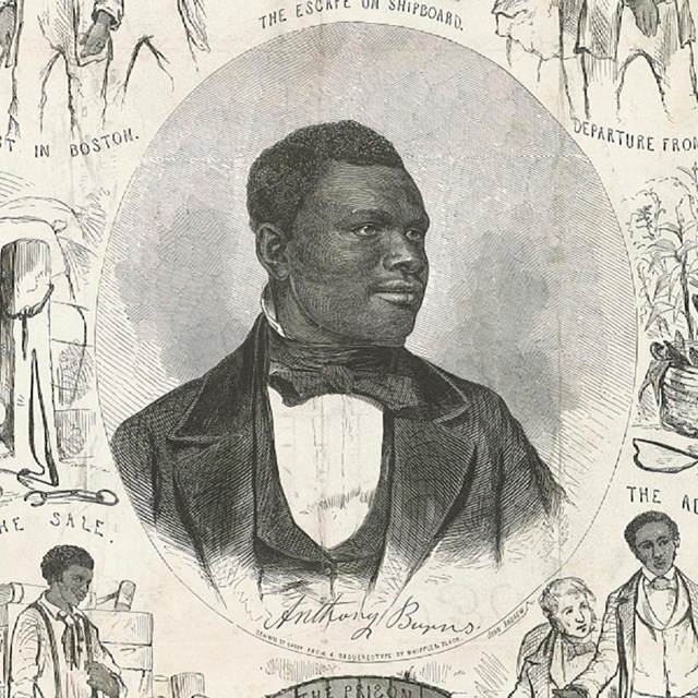 Political Cartoon with a portrait of Anthony Burns