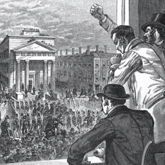 Printed image of 3 men watching military officials marching an enslaved man down the street. 