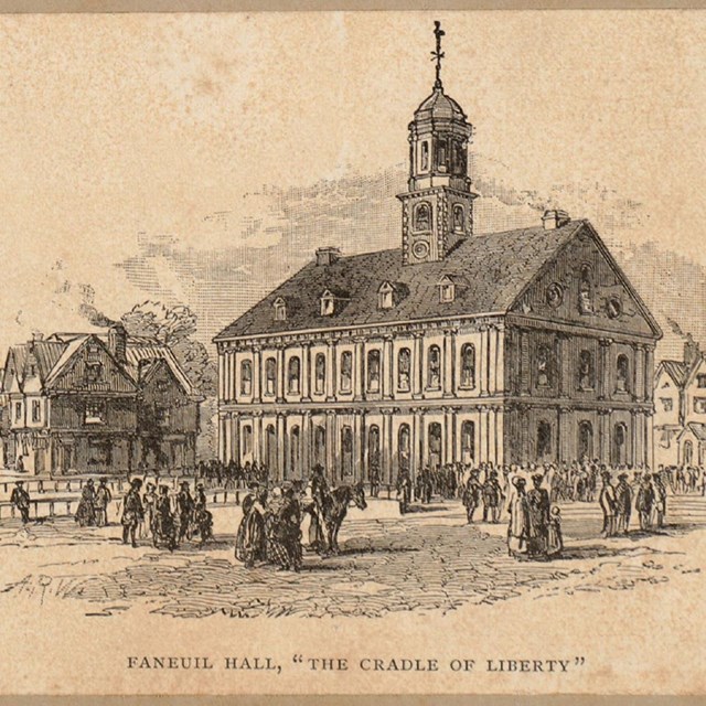 Print of a rectangular building with a cupola in the middle of a street with people surrounding it. 