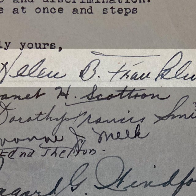 Cropped image of signatures on a document with the signature of Helen Lee Franklin highlighted.