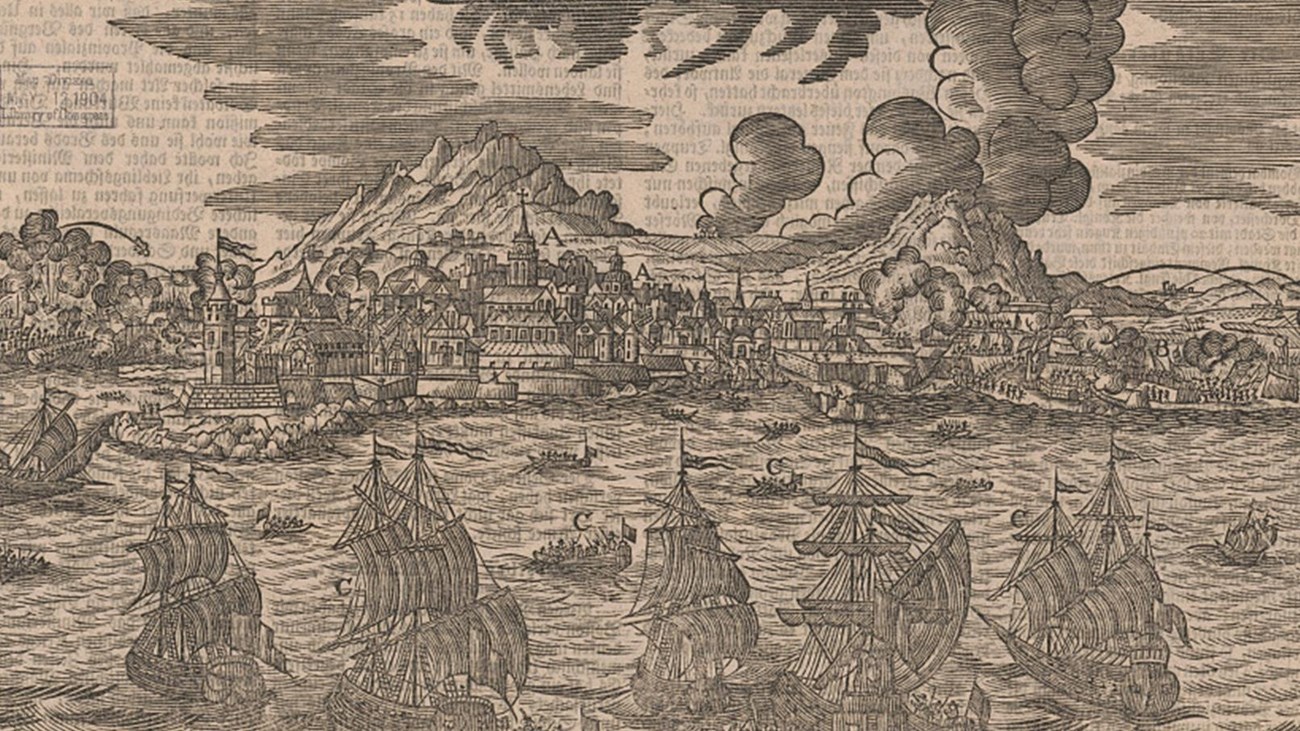 Woodcut scene of ships in Boston Harbor, with the town of Boston in the background.