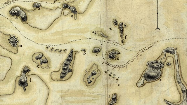 Map of the outer harbor of Boston, with shipping routes outlined and french ships identified.