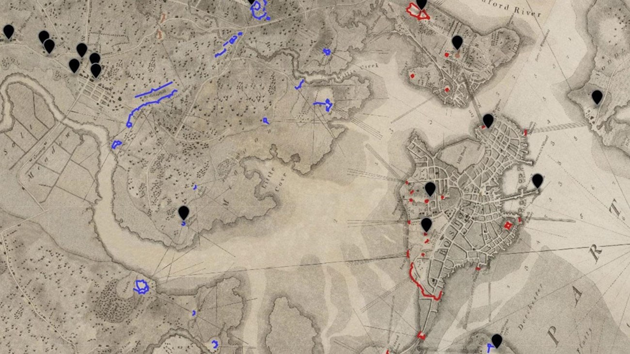 historical map of boston. Points signify important places. Red and blue outlines of fortifications