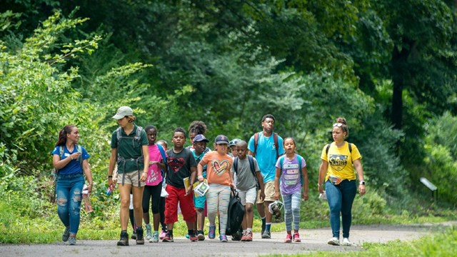 Group of kids walking on a path surrounded by greenery