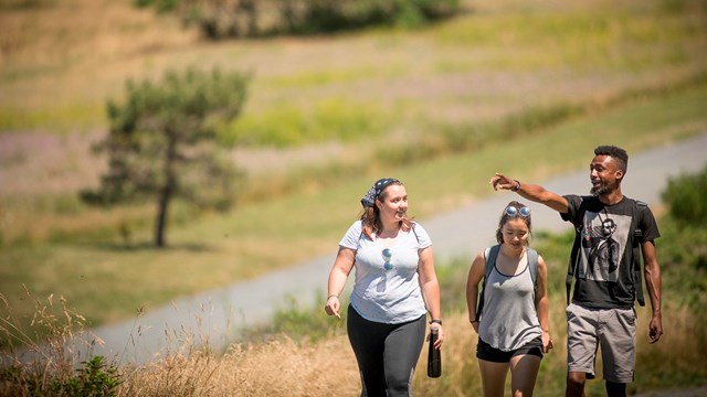 Three walkers (one man and two women) on a trail at Spectacle Island.