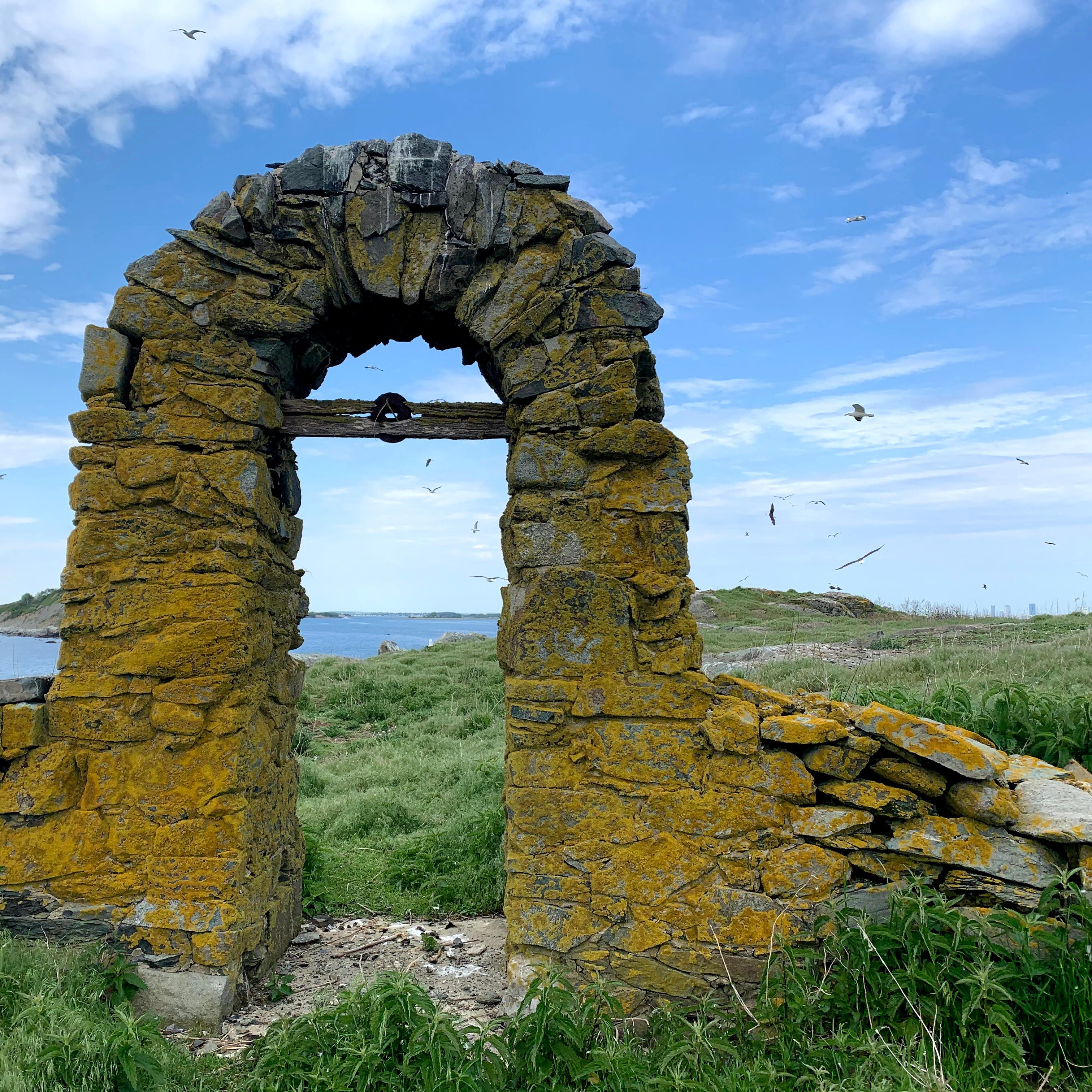A stone archway amidst a grassy knoll. Birds flying around in the background.