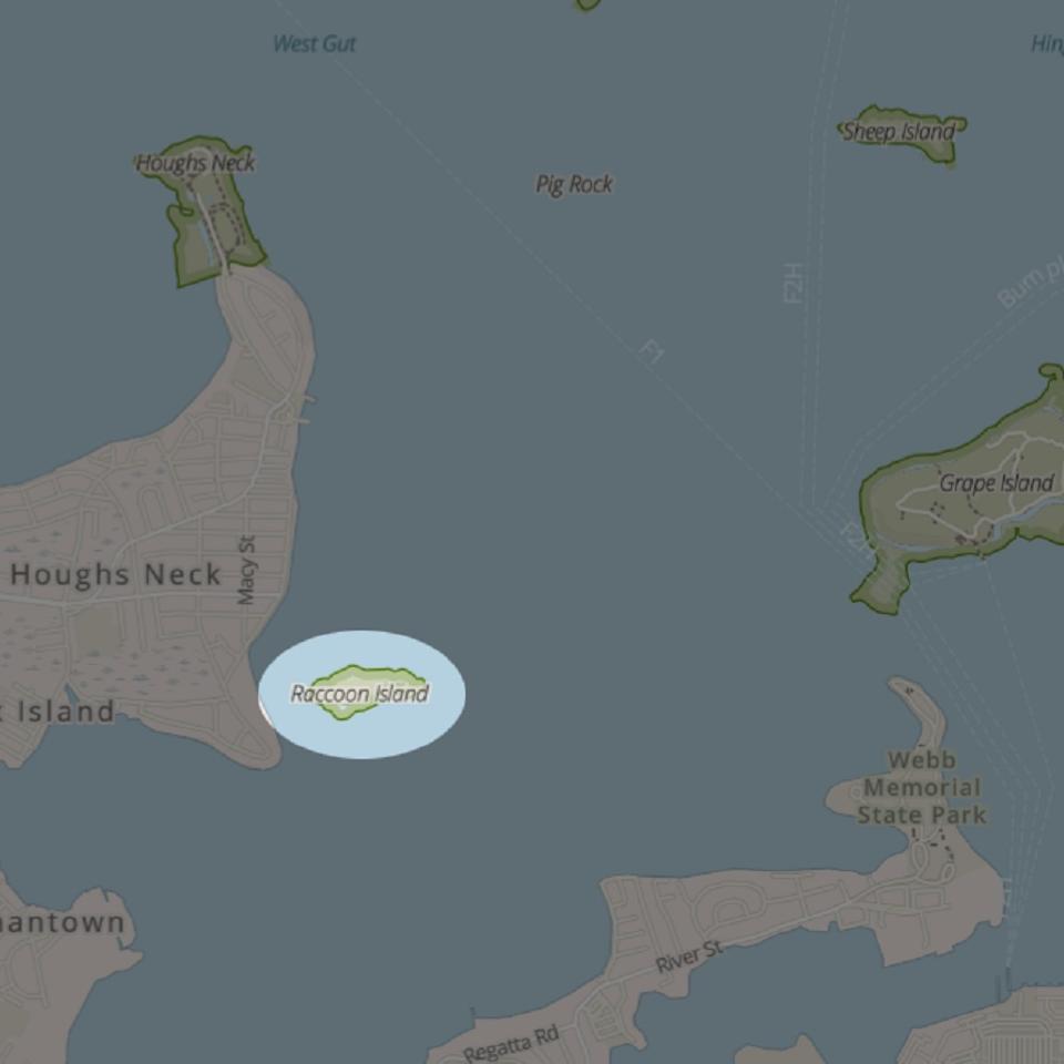 A map of Massachusetts Bay near Houghs Neck, with Raccoon Island highlighted.