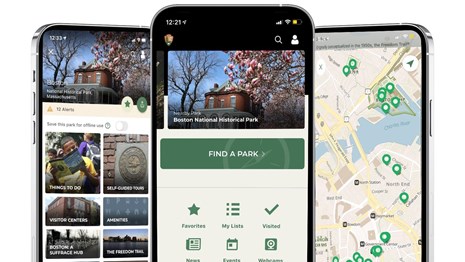 shot of three different screens of Boston NPS App pages