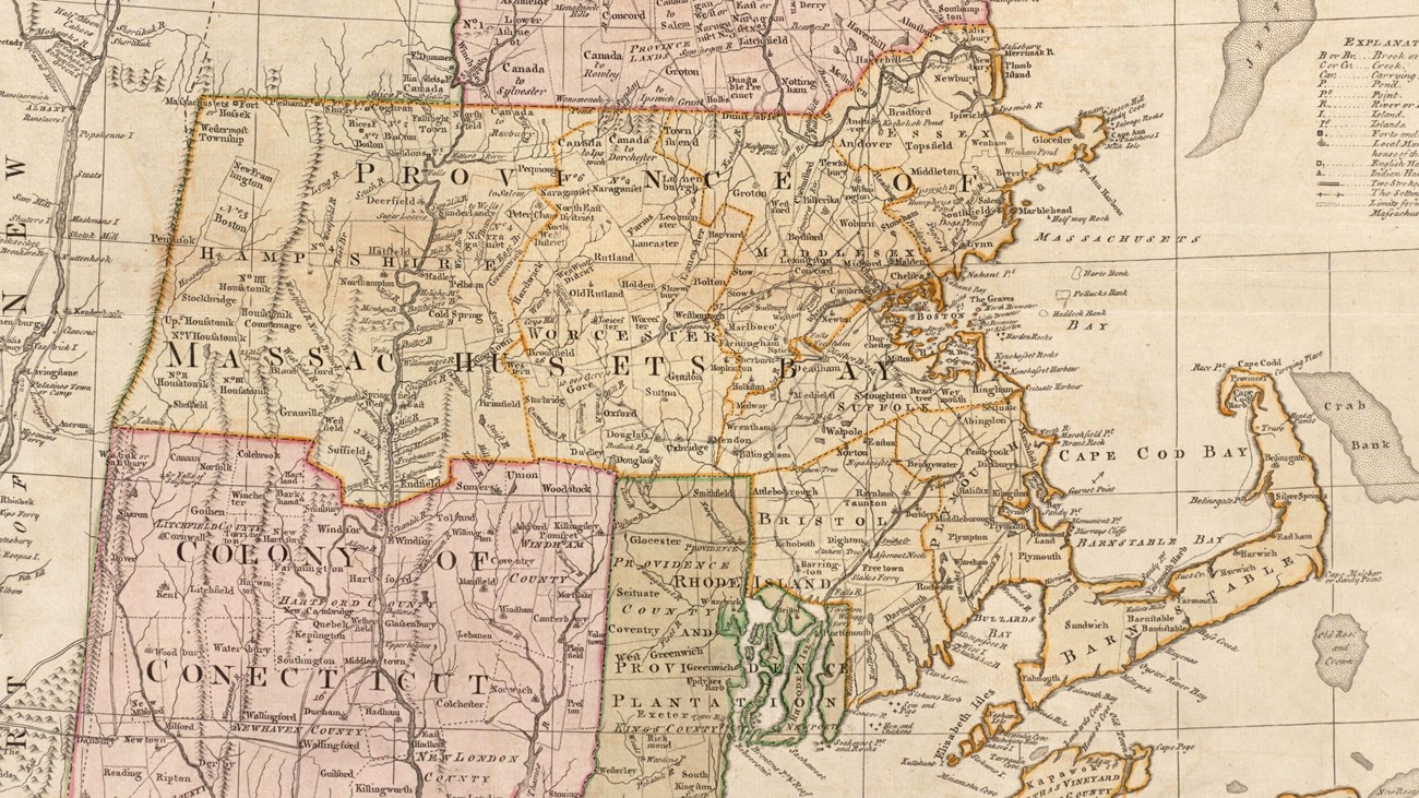 1776 map of New England, featuring Massachusetts, Rhode Island, Connecticut, and New Hampshire